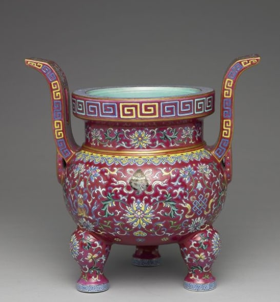 Incense burner with Indian lotus scrolls and the eight treasures decoration on a purple ground: Chinese Antiques Asian Antiques Porcelain Bronze Jade Painting Scroll Gold Chinese Ming Dynasty Furniture