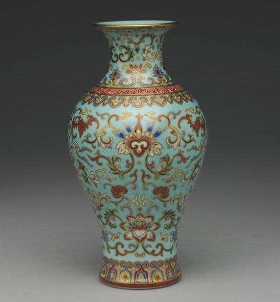 Vase with Indian lotus scrolls on a green ground in fencai painted enamels: Chinese Antiques Asian Antiques Porcelain Bronze Jade Painting Scroll Gold Chinese Ming Dynasty Furniture