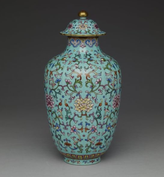 Lidded jar with Indian loctus scrolls on a lake green ground in fencai painted enamels: Chinese Antiques Asian Antiques Porcelain Bronze Jade Painting Scroll Gold Chinese Ming Dynasty Furniture