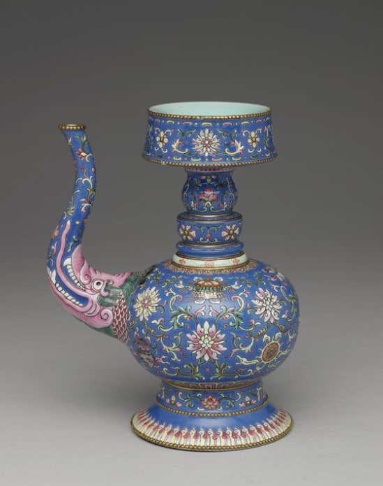 Bumpa vase with Indian lotus scrolls on a blue ground in yancai painted enamels: Chinese Antiques Asian Antiques Porcelain Bronze Jade Painting Scroll Gold Chinese Ming Dynasty Furniture