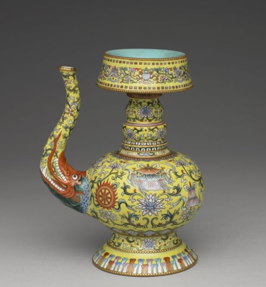 Bumpa vase with the eight auspicious symbols on a yellow ground in fencai painted enamels: Chinese Antiques Asian Antiques Porcelain Bronze Jade Painting Scroll Gold Chinese Ming Dynasty Furniture