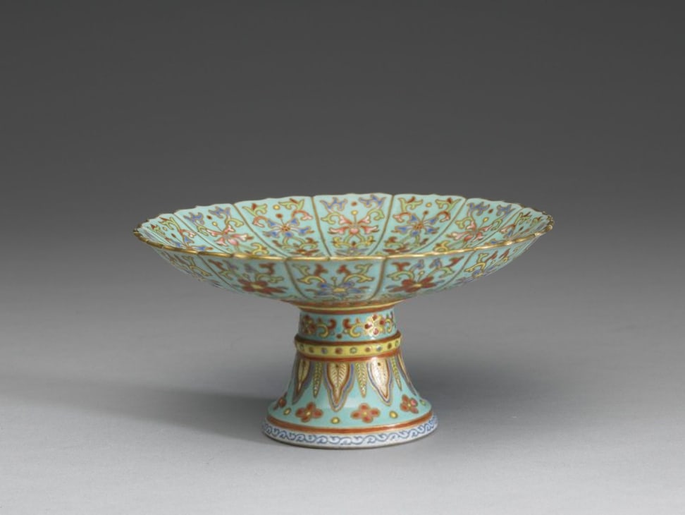 Chinese Antiques Art Stemmed dish with Indian lotus scrolls in yangcai painted enamels (1 of 1)