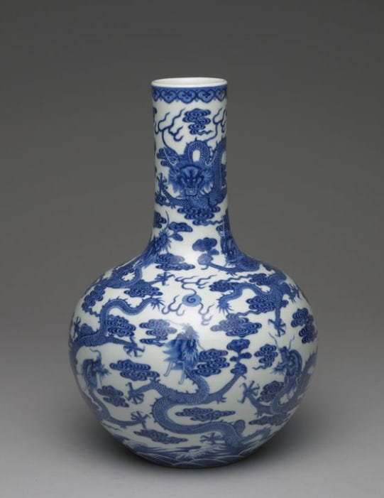 Celestial globe vase with decoration of nine dragons among clouds in underglaze blue: Chinese Antiques Art Asian Antiques Porcelain Bronze Jade Painting Scroll Gold Chinese Ming Dynasty Furniture