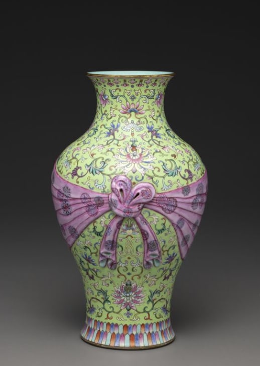 Vase with a sash and Indian lotus scrolls in fencai polychrome enamels: Chinese Antiques Art Asian Antiques Porcelain Bronze Jade Painting Scroll Gold Chinese Ming Dynasty Furniture