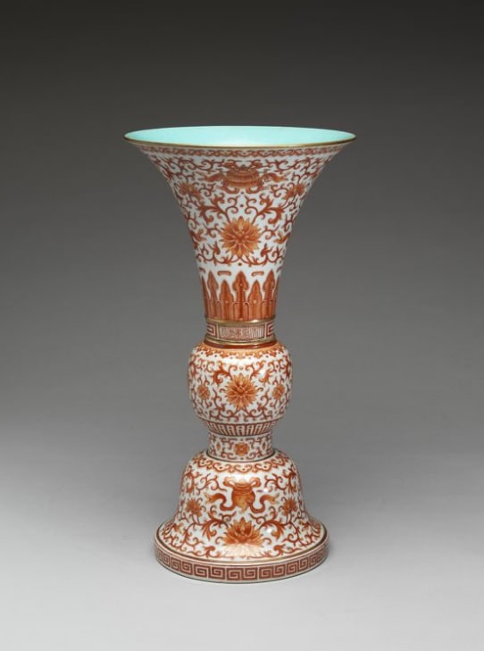 Gu vase with foliated rim and eight treasures and Indian lotus scrolls in overglaze red: Chinese Antiques Art Asian Antiques Porcelain Bronze Jade Painting Scroll Gold Chinese Ming Dynasty Furniture