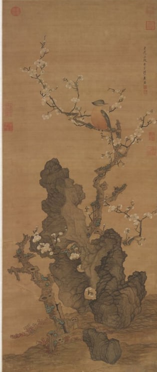 Chinese Antiques Art Painting Scroll Plum Blossoms and Wild Bird: Chinese Antiques Art Asian Antiques Porcelain Bronze Jade Painting Scroll Gold Chinese Ming Dynasty Furniture