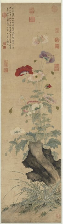 Chinese Antiques Art Painting Scroll Gu Ying's painting of poppies (Qing Dynasty): Chinese Antiques Art Asian Antiques Porcelain Bronze Jade Painting Scroll Gold Chinese Ming Dynasty Furniture