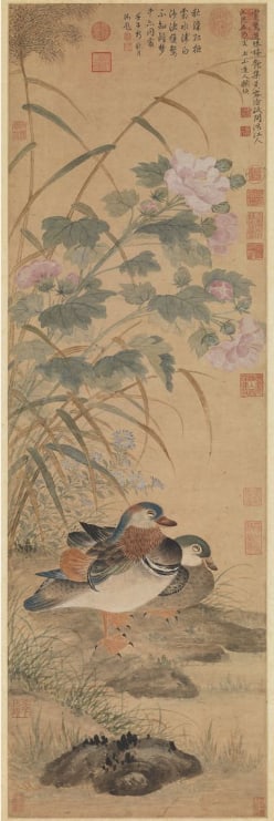 Chinese Antiques Art Painting Scroll Gu Ying's "Hibiscus and Mandarin Ducks" (Qing Dynasty): Chinese Antiques Art Asian Antiques Porcelain Bronze Jade Painting Scroll Gold Chinese Ming Dynasty Furniture