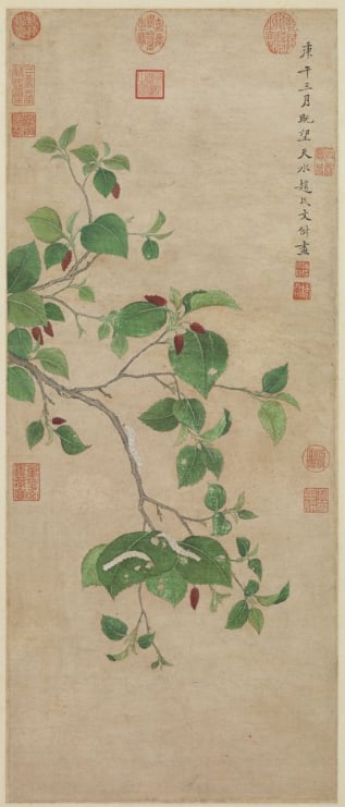 Chinese Antiques Art Painting Scroll Spring Silkworms Eating Leaves: Chinese Antiques Art Asian Antiques Porcelain Bronze Jade Painting Scroll Gold Chinese Ming Dynasty Furniture