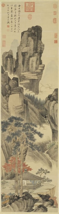 Chinese Antiques Art Painting Scroll Enjoying Chrysanthemums in a Streamside Pavilion in the Manner: Chinese Antiques Art Asian Antiques Porcelain Bronze Jade Painting Scroll Gold Chinese Ming Dynasty Furniture