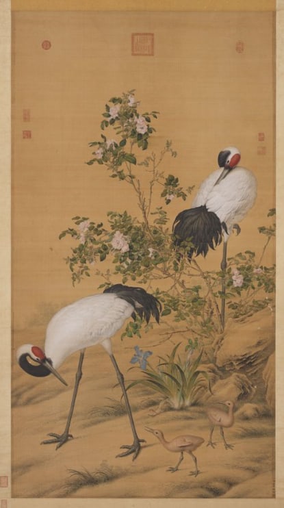 Chinese Antiques Art Painting Scroll Paired Cranes in the Shade with Flowers: Chinese Antiques Art Asian Antiques Porcelain Bronze Jade Painting Scroll Gold Chinese Ming Dynasty Furniture