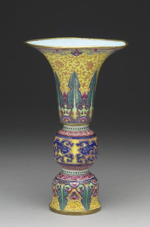 Chinese Antiques Art Copper gu vase with plantain leaves decoration in painted enamels: Chinese Antiques Art Asian Antiques Porcelain Bronze Jade Painting Scroll Gold Chinese Ming Dynasty Furniture