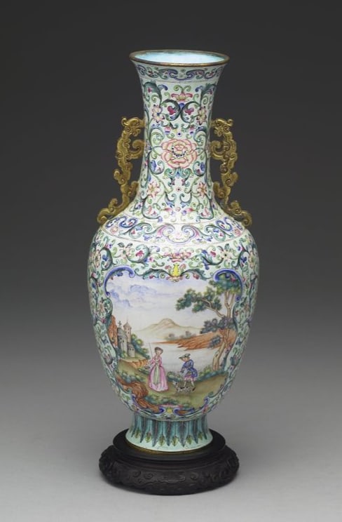 Chinese Antiques Art Copper-body Guanyin vase with painted enamel decor of western figures: Chinese Antiques Art Asian Antiques Porcelain Bronze Jade Painting Scroll Gold Chinese Ming Dynasty Furniture