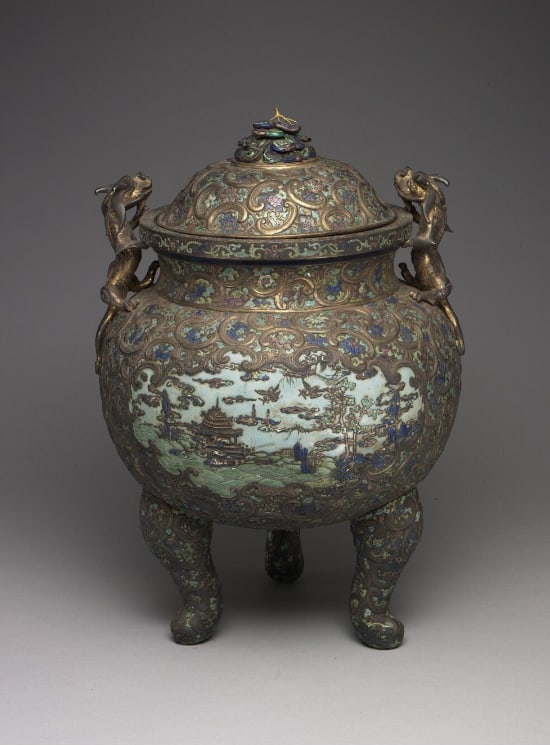 Chinese Antiques Art Copper-body Guanyin vase with painted enamel decor of western figures (1 of 1)