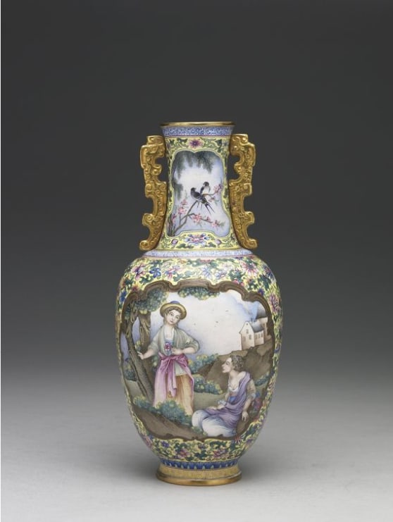 Chinese Antiques Art Copper guanying vase with Western figure decoration in painted enamels (1 of 1)