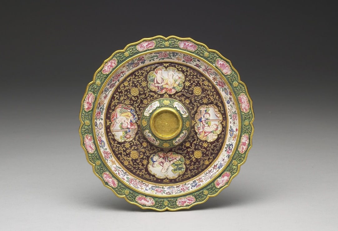 Gold saucer with Western “Mother and child” motif in champlevé and painted enamels: Chinese Antiques Art Asian Antiques Porcelain Bronze Jade Painting Scroll Gold Chinese Ming Dynasty Furniture