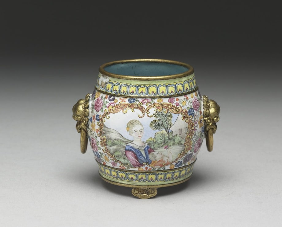 Copper incense burner with Western mother and child decoration in painted enamels: Chinese Antiques Art Asian Antiques Porcelain Bronze Jade Painting Scroll Gold Chinese Ming Dynasty Furniture