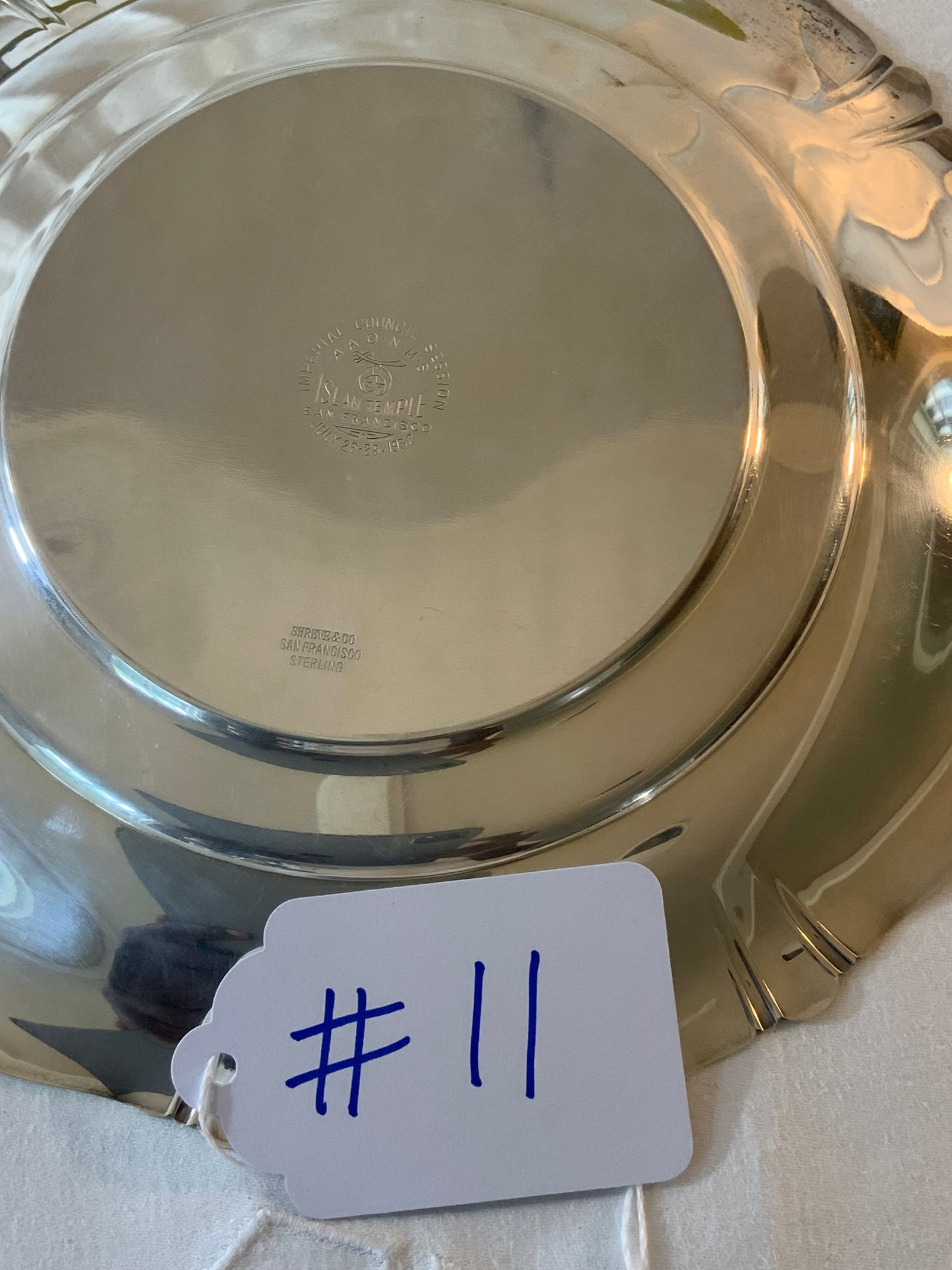 Sterling 9" Plate: Sterling 9" plate, 8.065 oz t, 1932 San Francisco Imperial Council Islam Temple dish, made by Shreve & Co. Good condition.