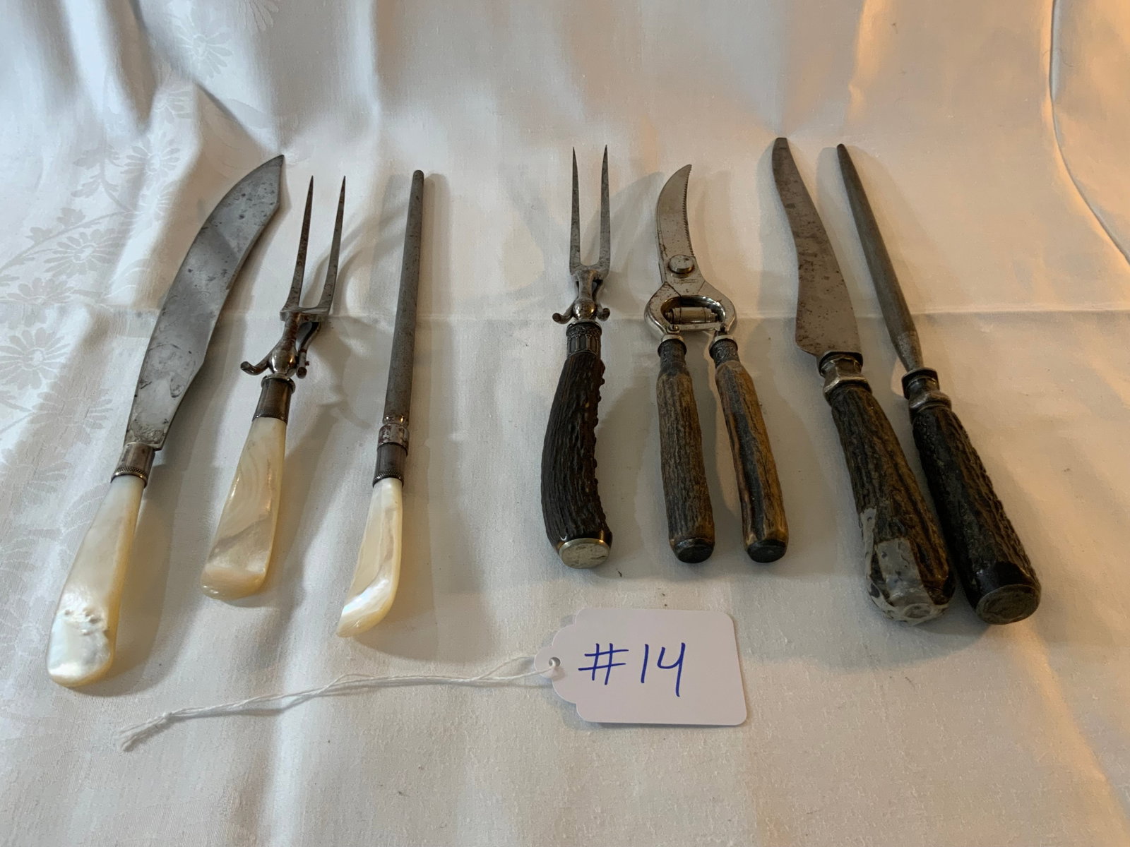 Sterling: Sterling banded carving sets, 7 piece lot, pearl handles and horn handles on items. Good condition.