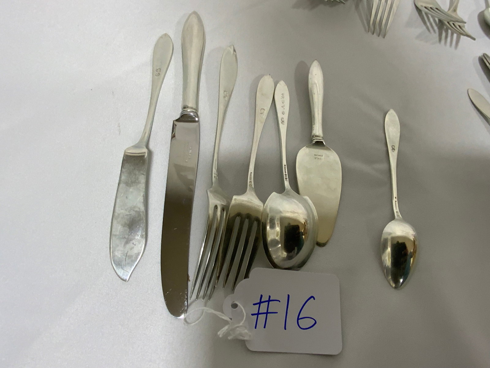 Sterling Flatware Set: Sterling flatware set by Towle, 67.615 ounces troy, plus 8 knives and two pie servers. Good condition.