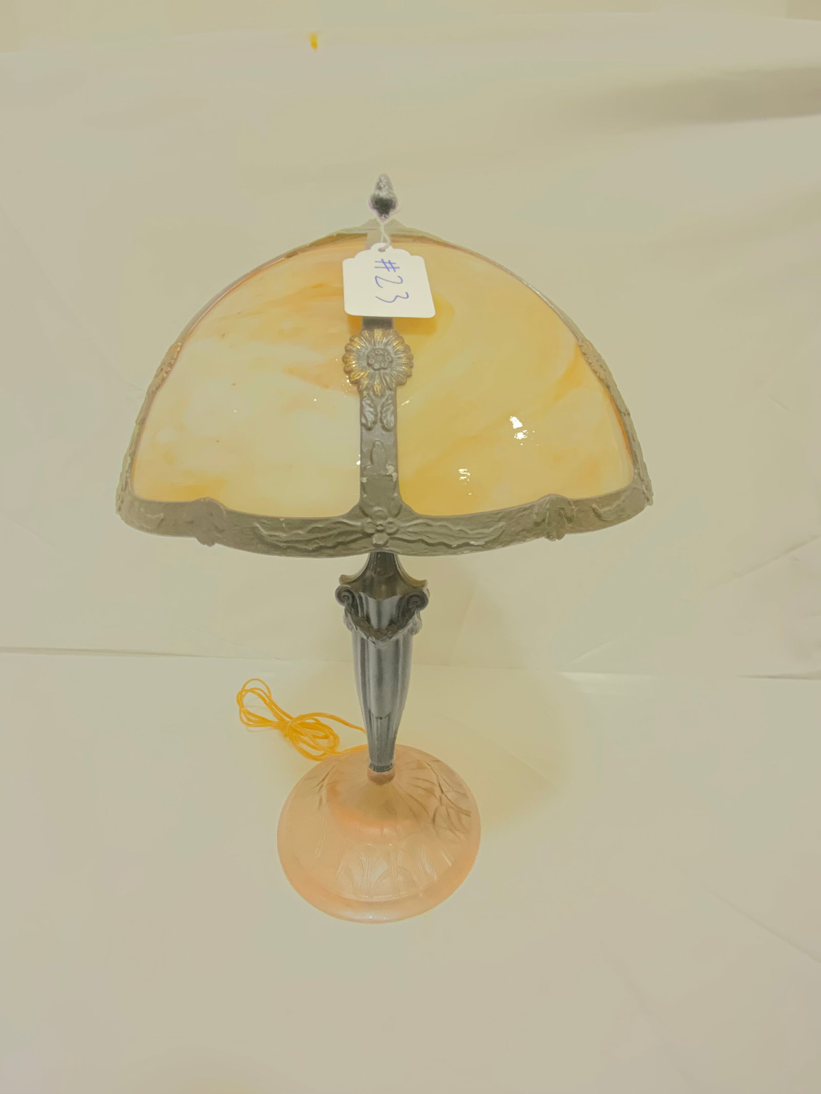 Slag Glass Lamp: Slag glass lamp, caramel slag glass, seven panel lamp, 16 inch shade on a 24 inch tall base, unsigned, all panels in good condition.