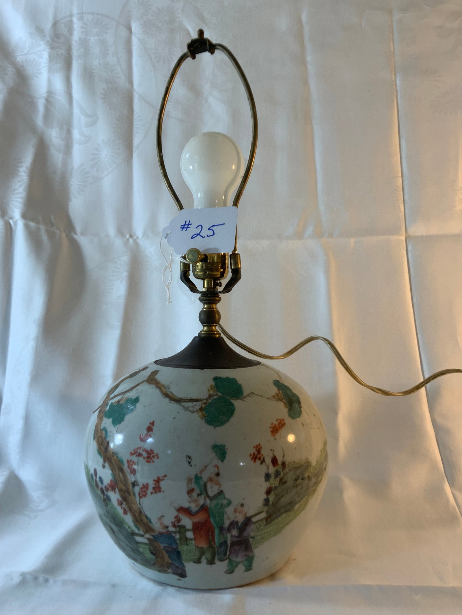 Oriental Lamp: Oriental lamp with ancestral figures, writing on the backside, 8" wide, 7" tall. Good condition.