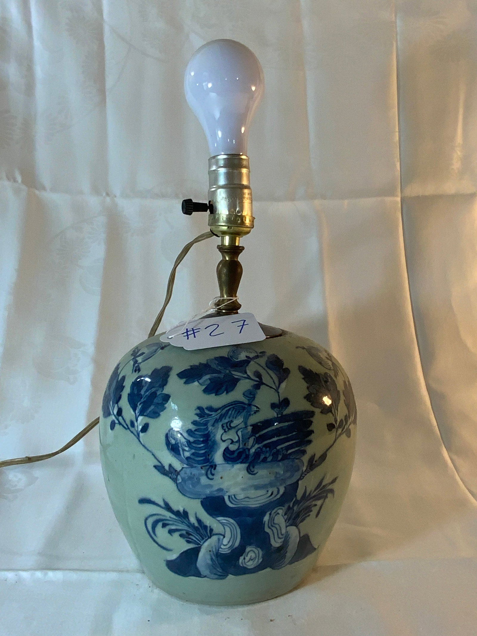 Oriental Lamp: Oriental lamp with blue decorations, 7 inches wide by 7 1/2 inches tall. Good condition.