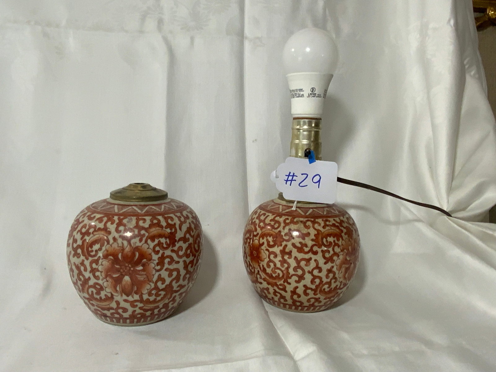 Pair of Orange Ware Lamps: Pair of orange ware lamps, 4 inches wide by 4 inches tall, good condition, one is missing the lamp post.