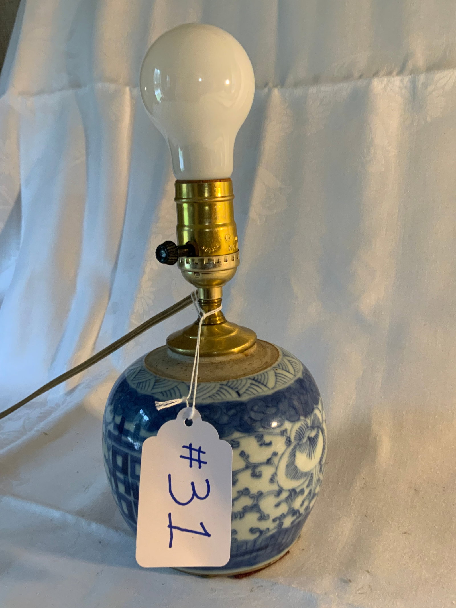 Oriental Lamp: Oriental lamp, blue and white decoration, 5 inches wide, 5 inches tall. Good condition.