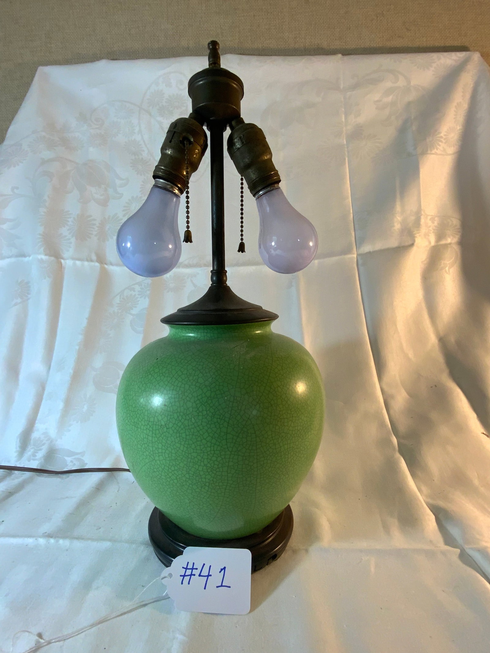 Oriental Lamp: Oriental lamp, green crackle finish, drilled, 8" wide x 9" tall, wooden base. Good condition.