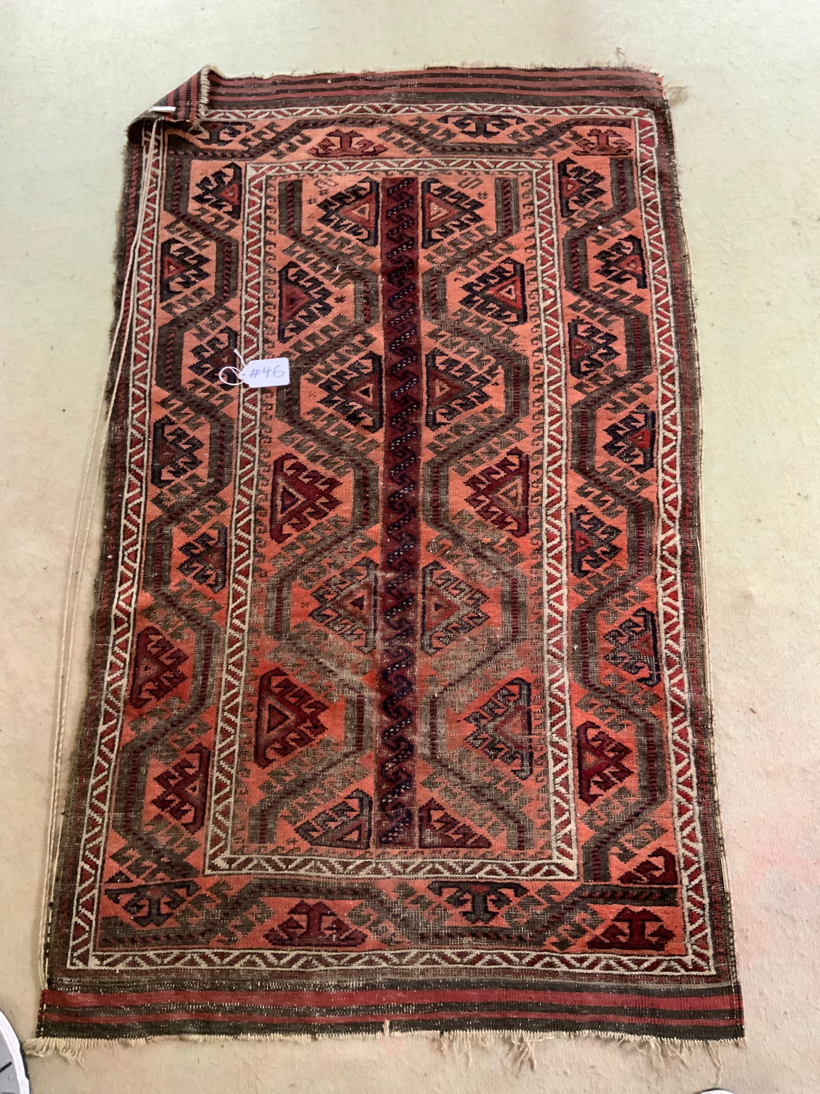 Oriental Carpet: Oriental carpet, geometric design, 34" x 56". Good condition, showing normal wear.
