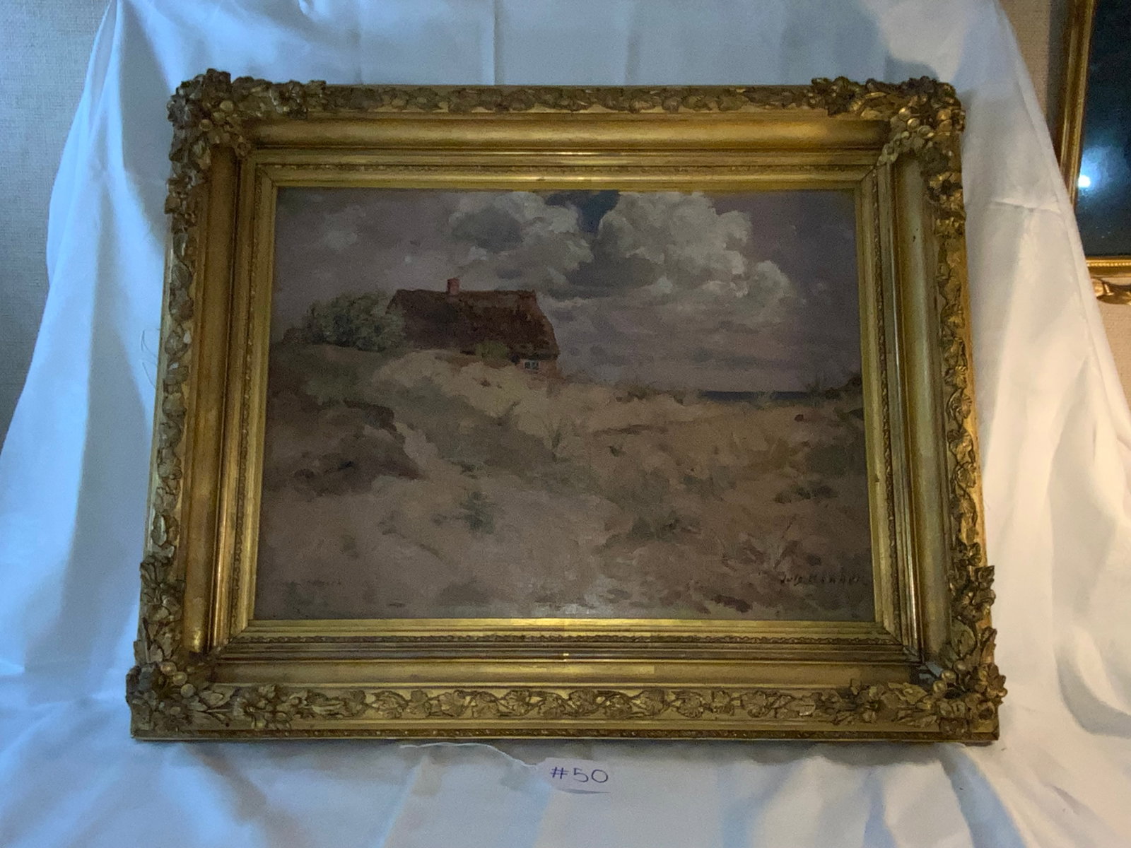 Julius Christian Rehder Painting: Painting by Julius Christian Rehder, thatched roof seaside cottage in the dunes, signed lower right, lower left marked Jyland Denmark Roma, oil on canvas, gold gilt frame, 25 1/4" wide by 17 1/2"