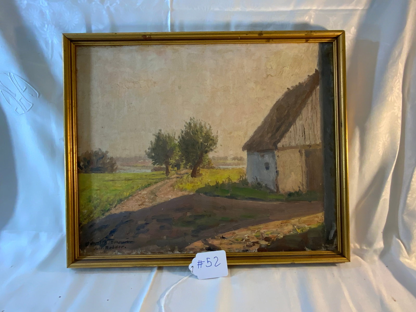 Julius Christian Rehder Painting: Painting by Julius Christian Rehder, signed lower left, inscribed Denmark, barn scene with trees and dirt drive w/ water in distance, 20 1/2" x 16 1/2". Good condition.