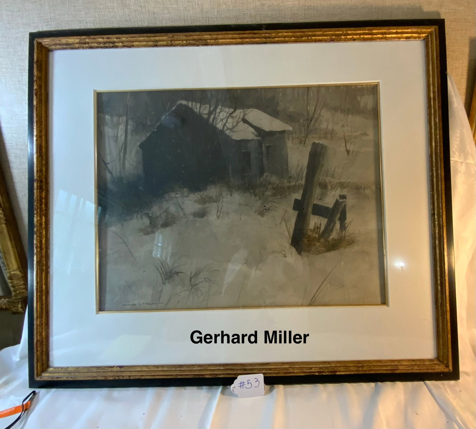 Gerhard C.F. Miller Watercolor: Watercolor "Winter Scene, Barn in Field" by Gerhard C.F. Miller, American artist, 1903, signed corner left, 20" x 27", framed & matted, titled "Mid February," original label on back Sturgeon Bay,
