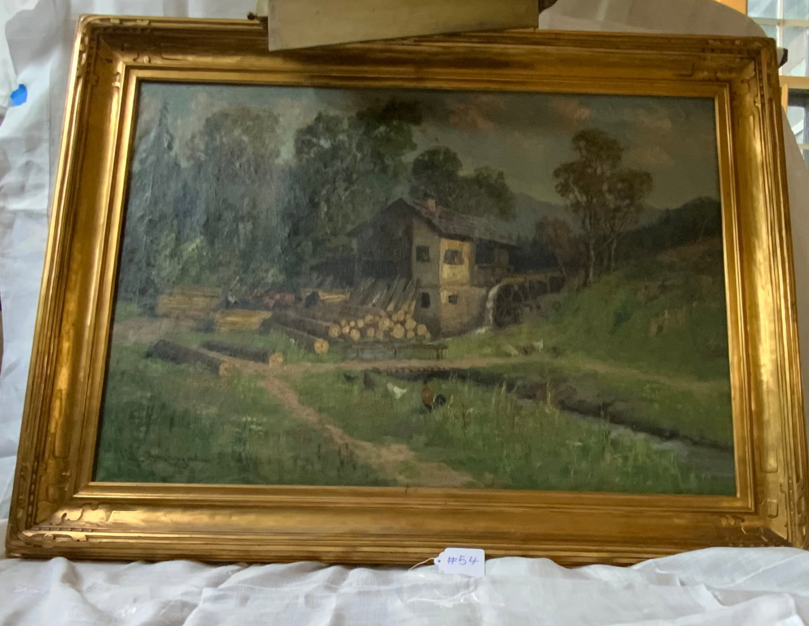 Muller Baumgarten Painting: Painting by Muller Baumgarten, 19th century, German, oil on canvas 27" x 39", arts & crafts gilt frame, farm water-powered sawmill scene w/ horses, men working, chickens. Good condition.