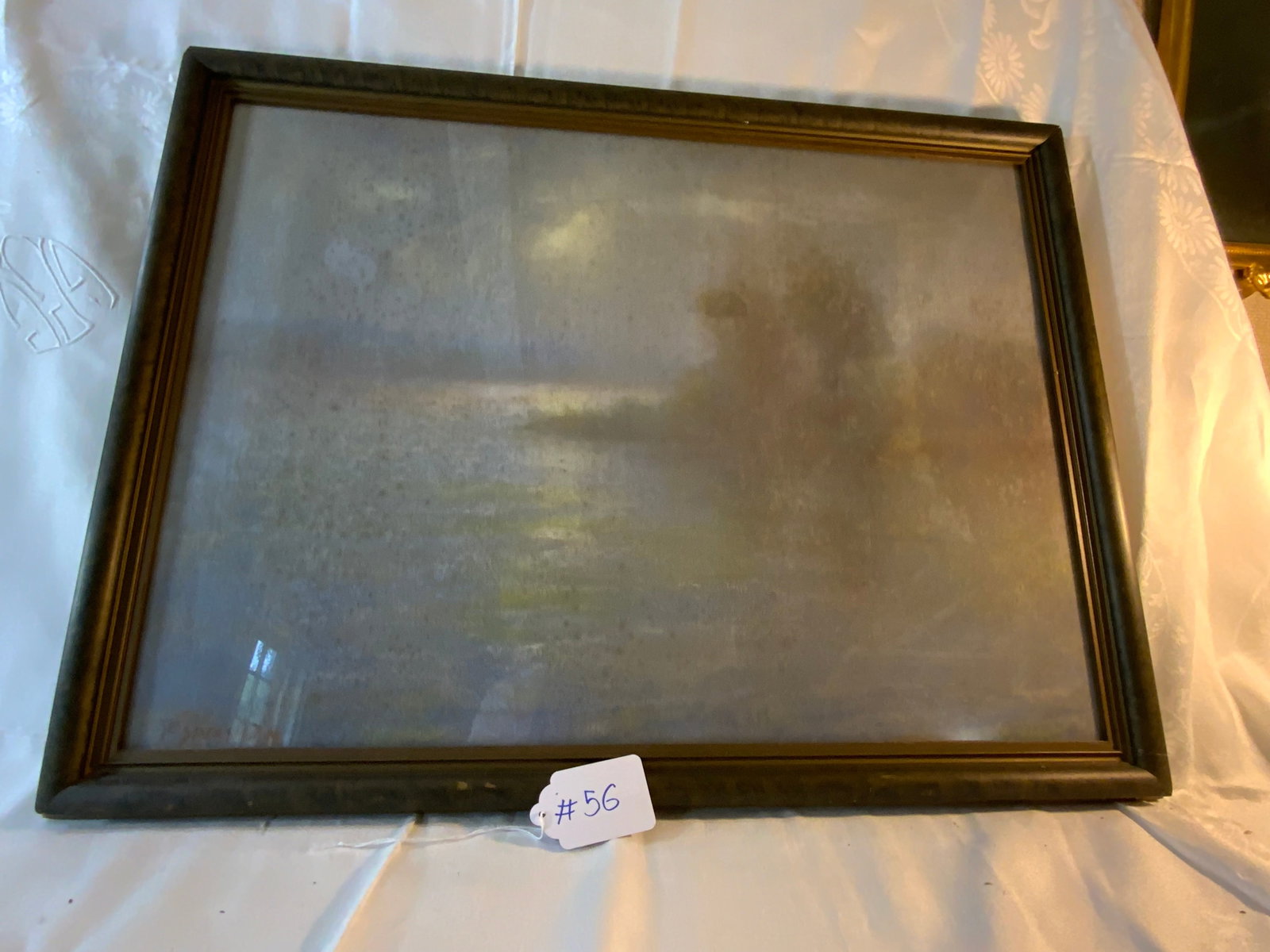 Spicuzzi Painting: Spicuzzi moonlight lake scene, signed lower left, in original frame, some mildew under the glass. Fair condition.