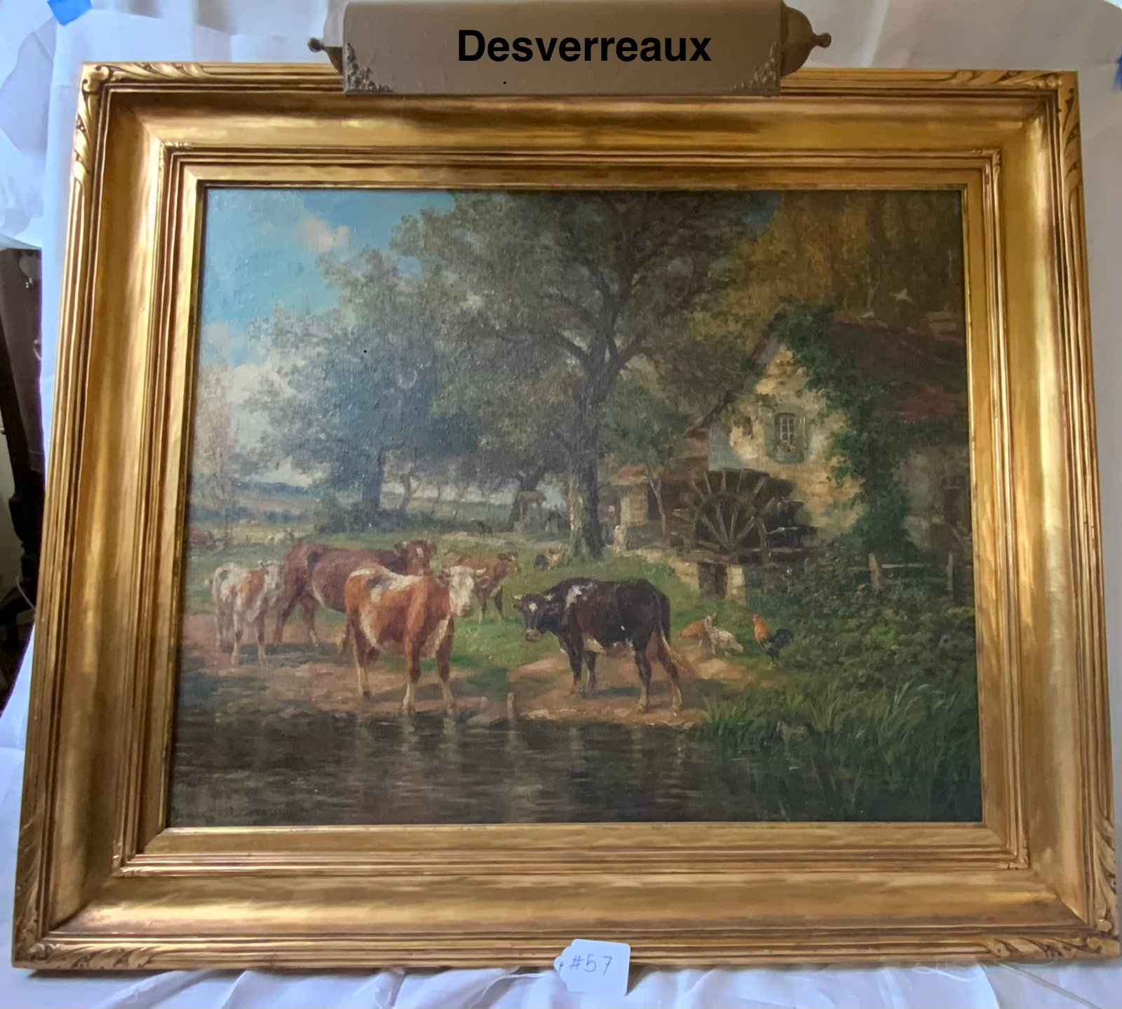 Desvarreux Painting: Painting by Desvarreux, farm scene with water wheel, cows, chickens and people in the background in a stream by a house, arts & crafts gold gilt frame, 28" tall by 36" wide, signed lower left. Good