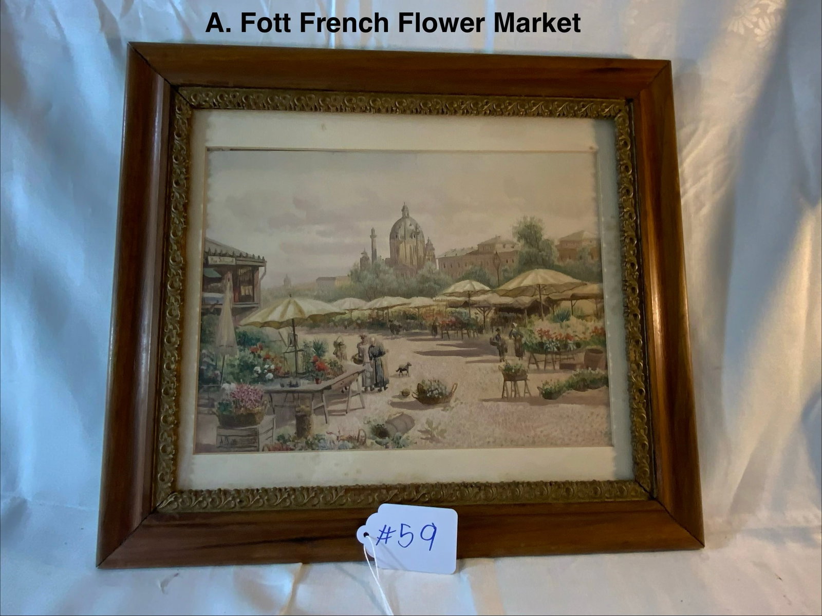 A. Fott French School Watercolor: French School watercolor on paper by A. Fott, 9 1/2" x 12 1/2", French flower market scene, signed A. Fott lower left, wood frame with gold gilt trim border and matted, a little foxing on the mat. Goo