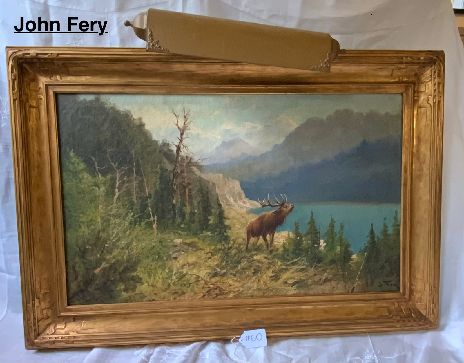 John Fery Painting: John Fery (1865-1934), oil on canvas, 22" x 36", arts & crafts gold gilt frame, signed J. Fery lower right, elk in western landscape. Good condition.