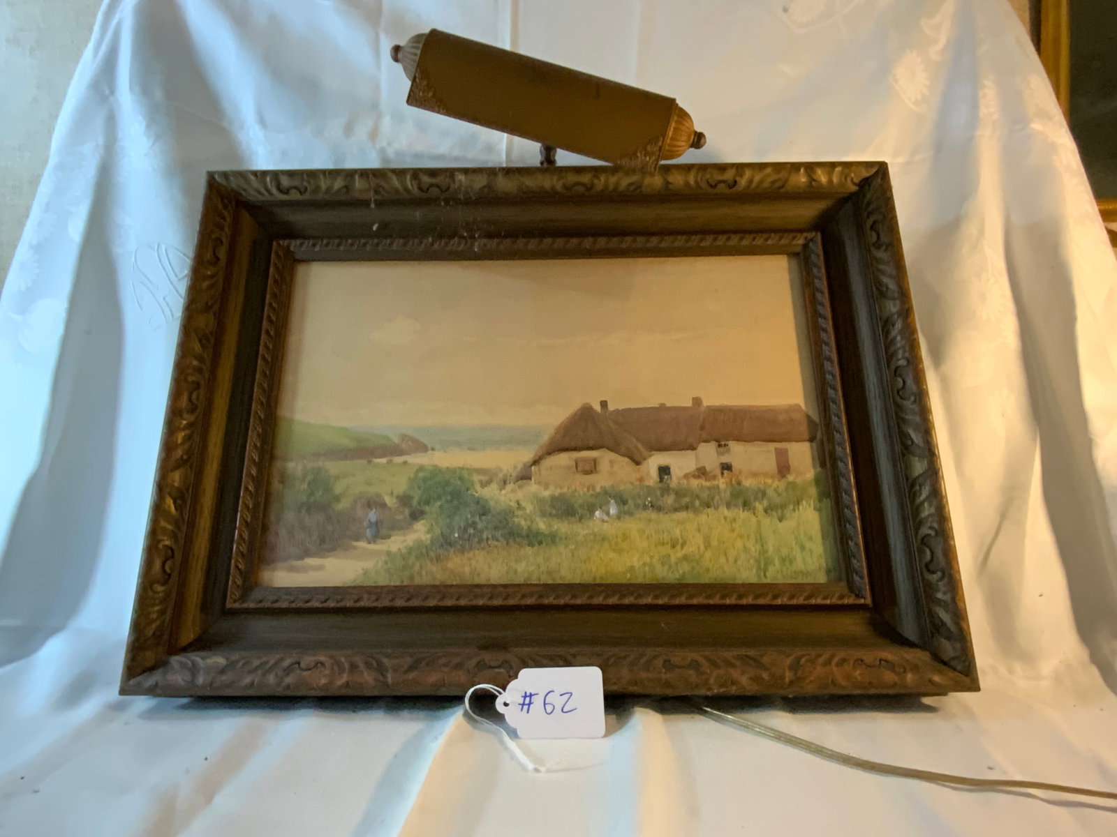 W.E. Croxford Painting: French School, early 20th century, thatched roof house at ocean's edge w/ cows & people, signed W.E. Croxford, watercolor on paper. Painter William Edwards Croxford, 1852-1926. Good condition.