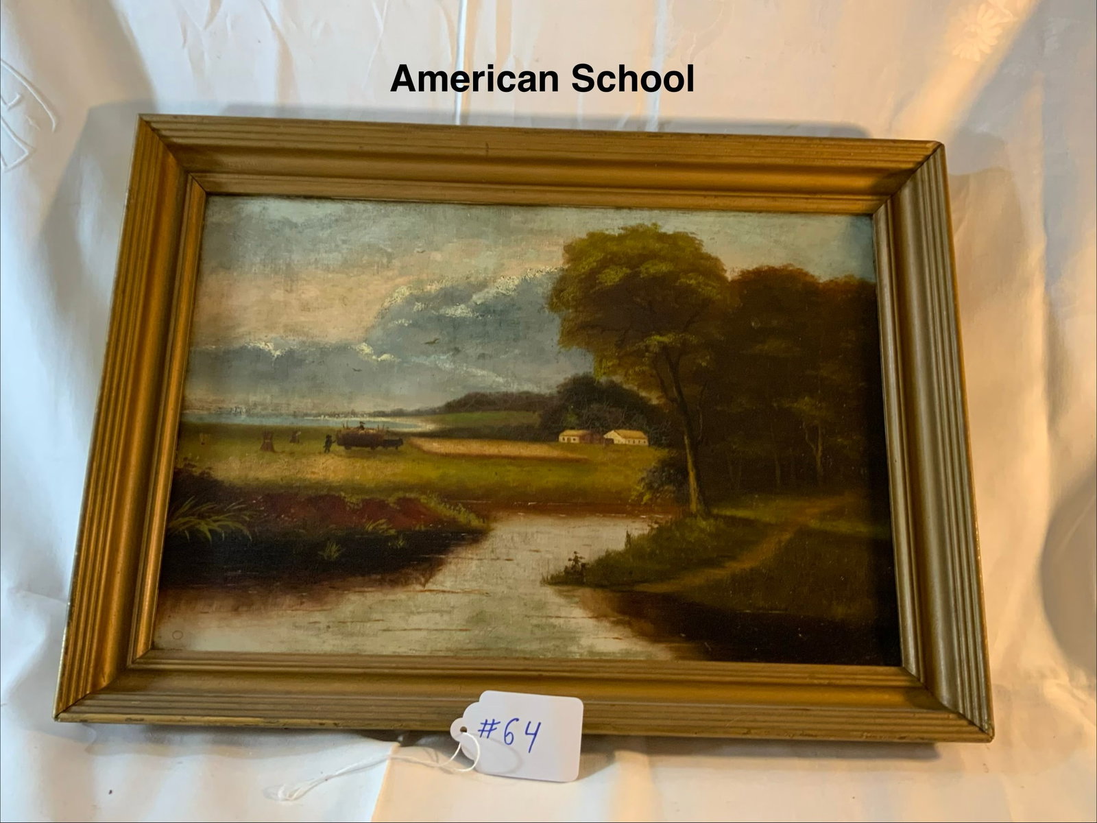 American School Painting: American School painting, oil on canvas, 18" x 12", haying scene with ox, two people, large open landscape with water and a house and barn w/ salt water marsh. Tape on back, fair condition.