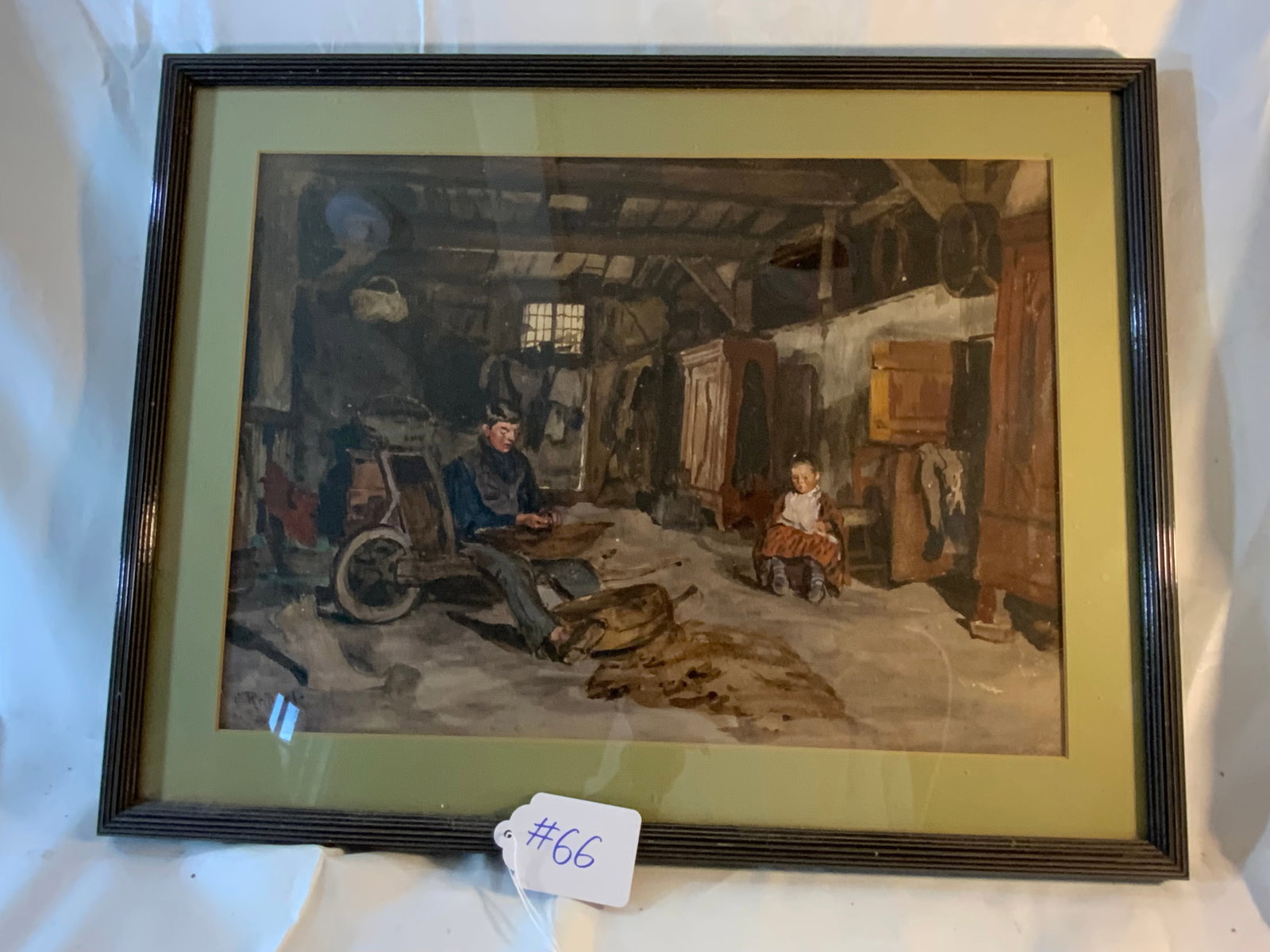 C. Roderk Watercolor: Watercolor of man & child working in barn, signed C. Roderk lower left, 17 1/2" wide x 12 1/2" tall. Good condition.