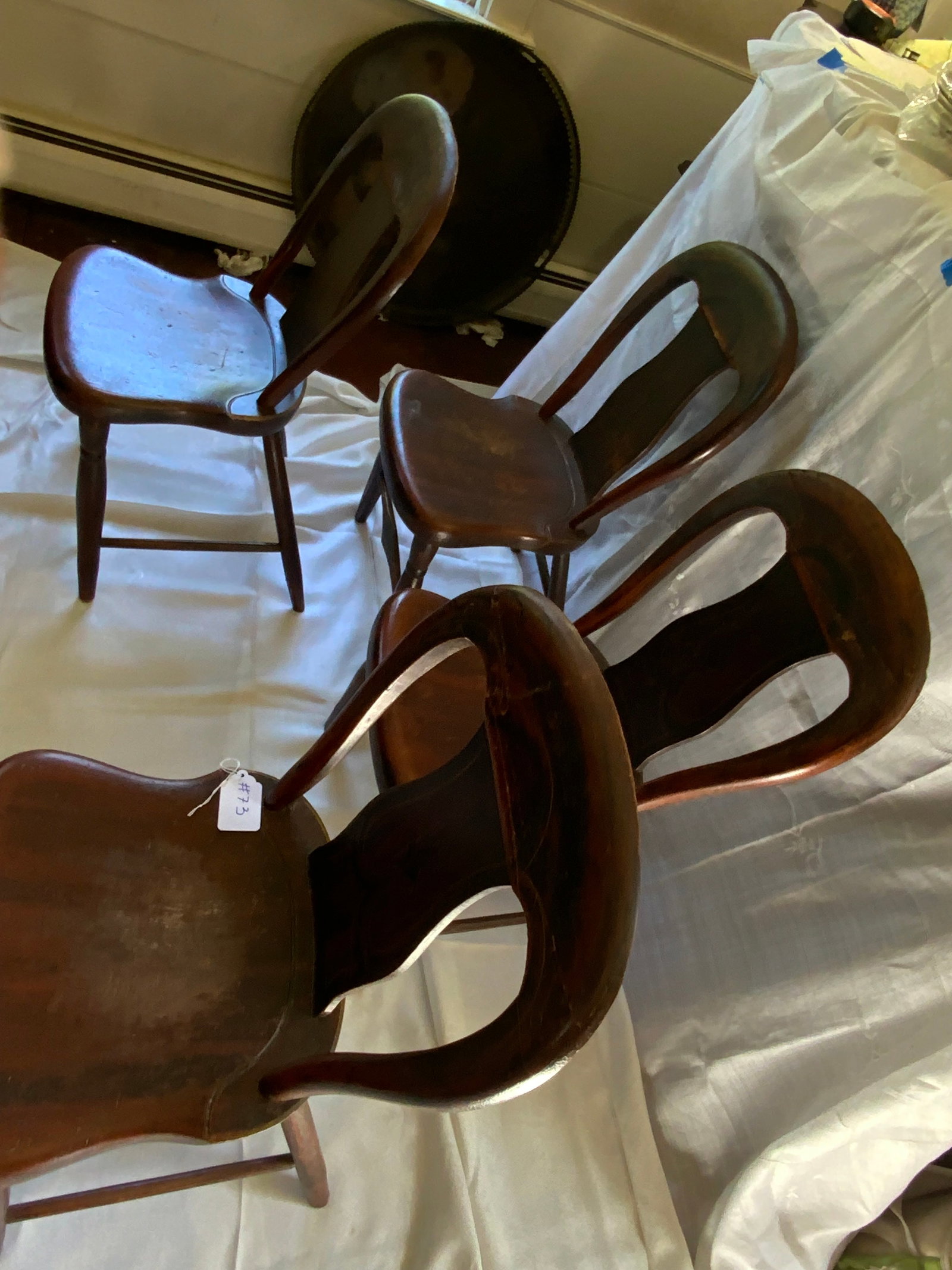 Fiddle Back Chairs: Set of 4 chairs, fiddle back, plank seat, diamond stretcher on front, one chair missing the front stretcher. Good overall condition.