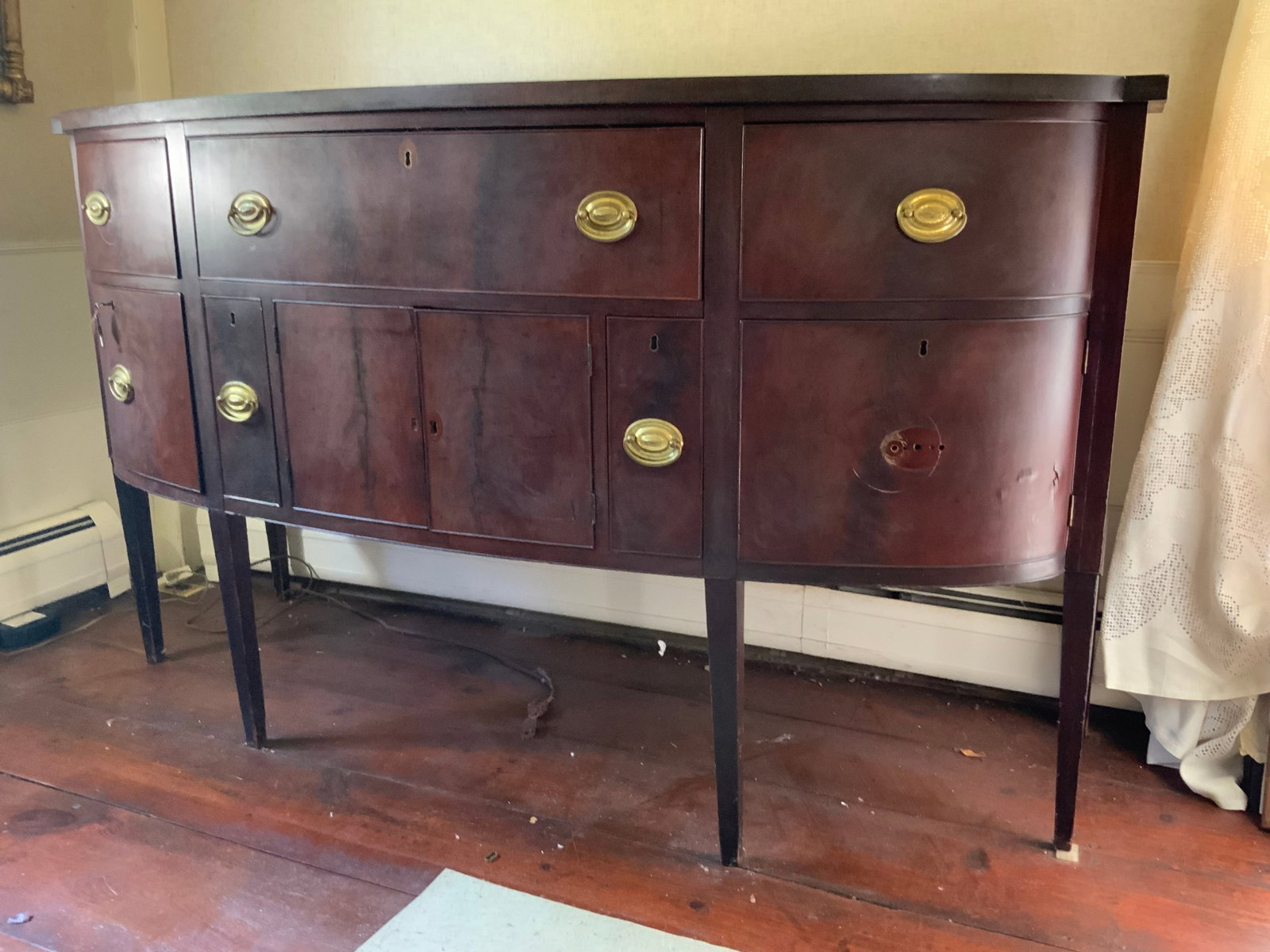 Federal Sideboard: Federal sideboard, 60" long, 27" deep, 42" tall. Butler's desk center drawer on top, two wine drawers on the bottom, four doors and two silverware drawers on top. Missing a little hardware. Fair overa