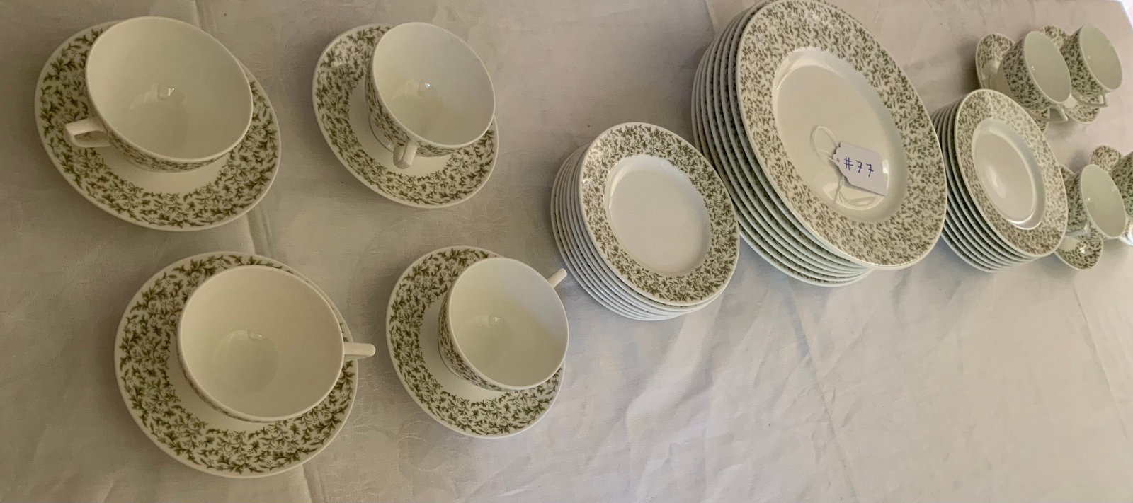 Minton China Set: Minton china set: 8 dinner plates 10 3/4", 8 salad plates 8", 8 bread plates 6 1/4", 8 cups & saucers, Glendale pattern B1460. Good condition.