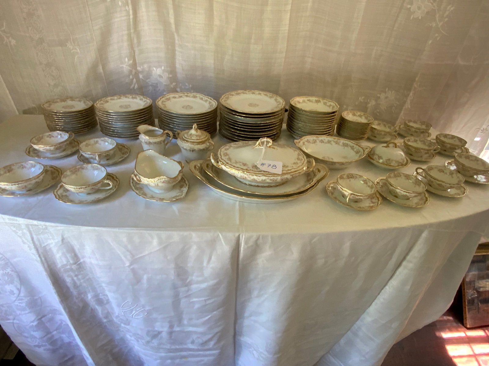 Limoges China: Limoges china, Theodore Haviland dinner service, made for Van Husen Charles Co, Albany NY, service for 12, wild rose w/ gold trim: 12 9 1/2" dinner plates, 12 cups and saucers, covered vegetable