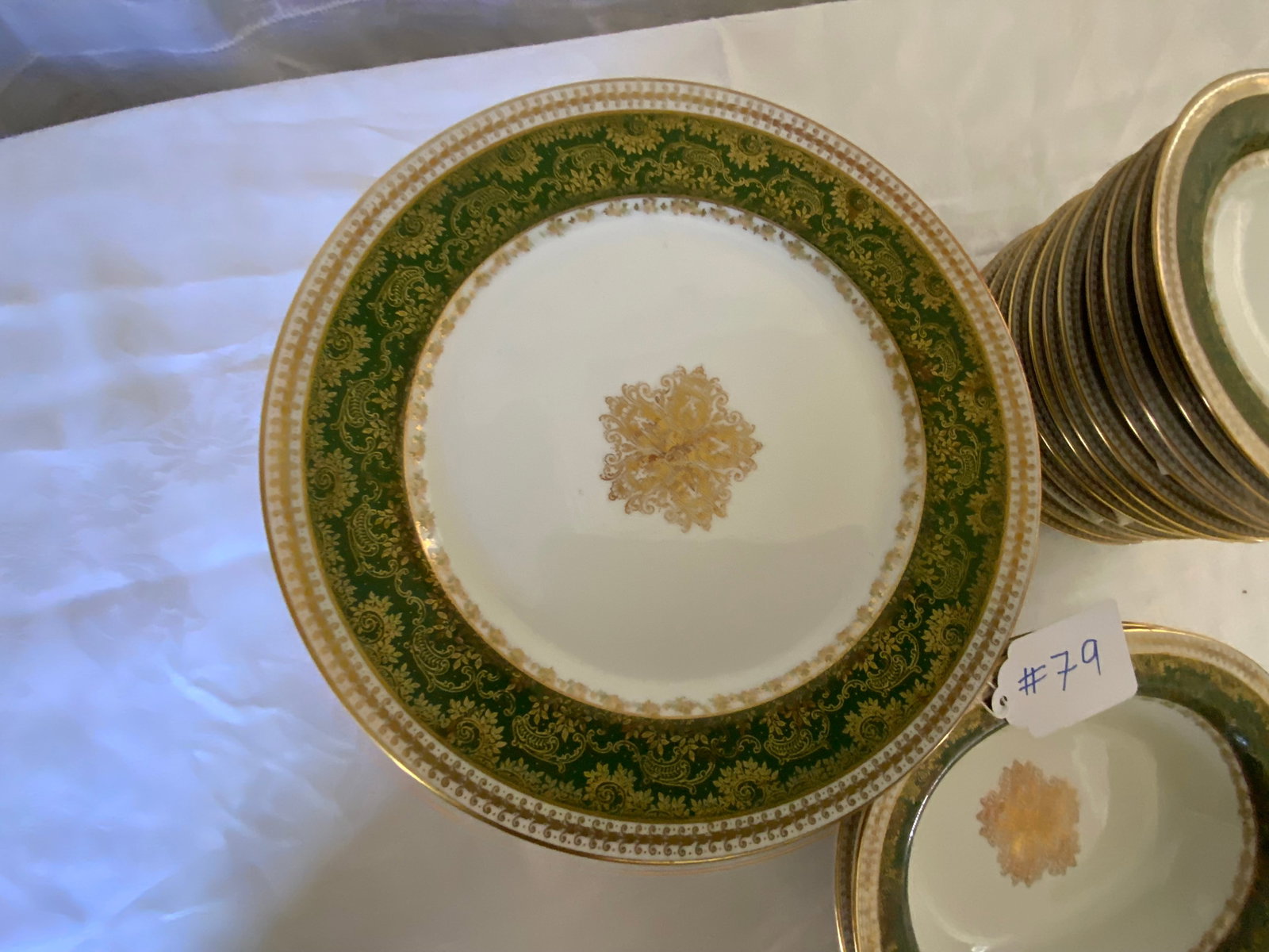 Limoges: Limoges, J. Pouyat, JPL France, 24 pc: 10 dinner plates 9 1/2", 17 salad plates 7 1/2", 2 round serving bowls 9 1/2". Green and gold pattern. Good condition.