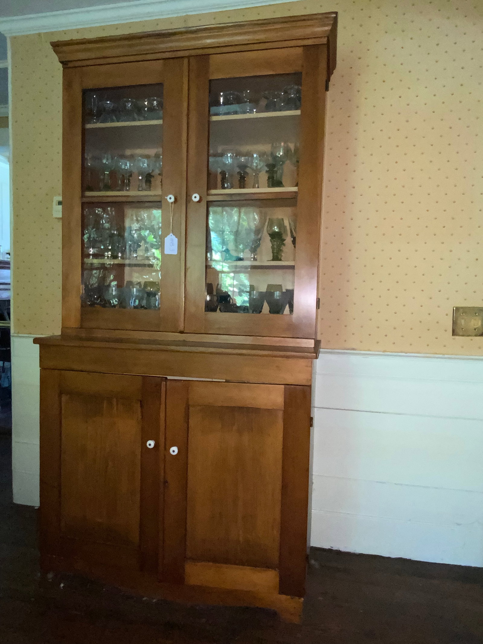 Step-Back Cupboard: Cupboard, 2-part step-back, midwestern US, pine & poplar wood, 76 1/2" tall, 39" wide, 27" deep. Refinished long ago. Good condition.