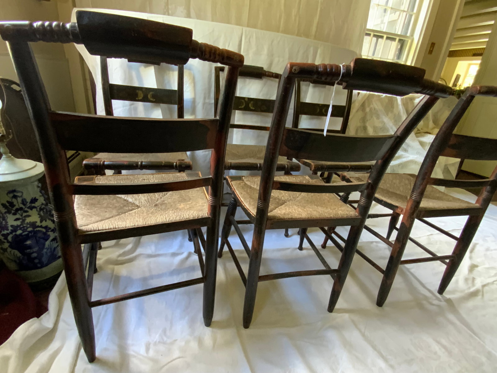 Hitchcock-Type Pillow Back Chairs: Set of six early Hitchcock-type pillow back chairs, old finish and stenciling, normal wear on seats and finish. Good condition.