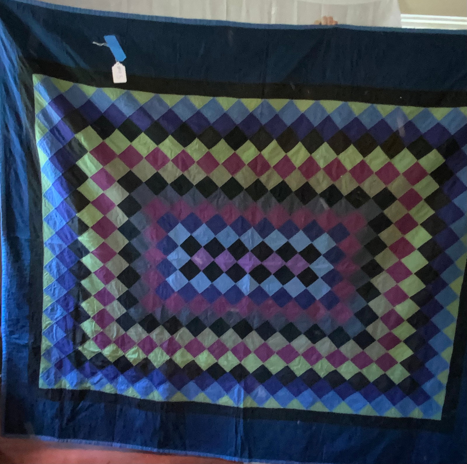 Amish Quilt: Amish quilt, blue green & black, 70" x 80", small holes, normal wear. Fair condition.